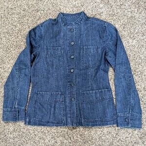 Woman's  Size S Dark Blue Denim Jean Jacket with Mandarin Collar Pockets Talbots